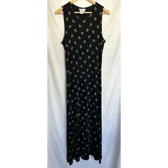 Vintage Pineapple Print Coldwater Creek black stretch Maxi Dress USA Made Sz M - Picture 1 of 9
